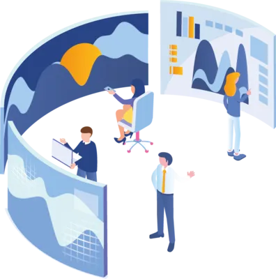 Menschen analysieren Daten und Diagramme an großen Bildschirmen in moderner Umgebung.