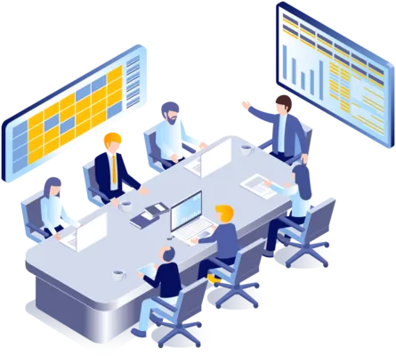 Geschäftstreffen mit sechs Personen am Konferenztisch vor digitalen Diagrammen und Statistiken.