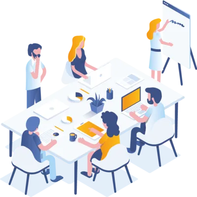 Teammeeting im modernen Büro, Mitarbeitende analysieren Daten und arbeiten an Laptops zusammen.